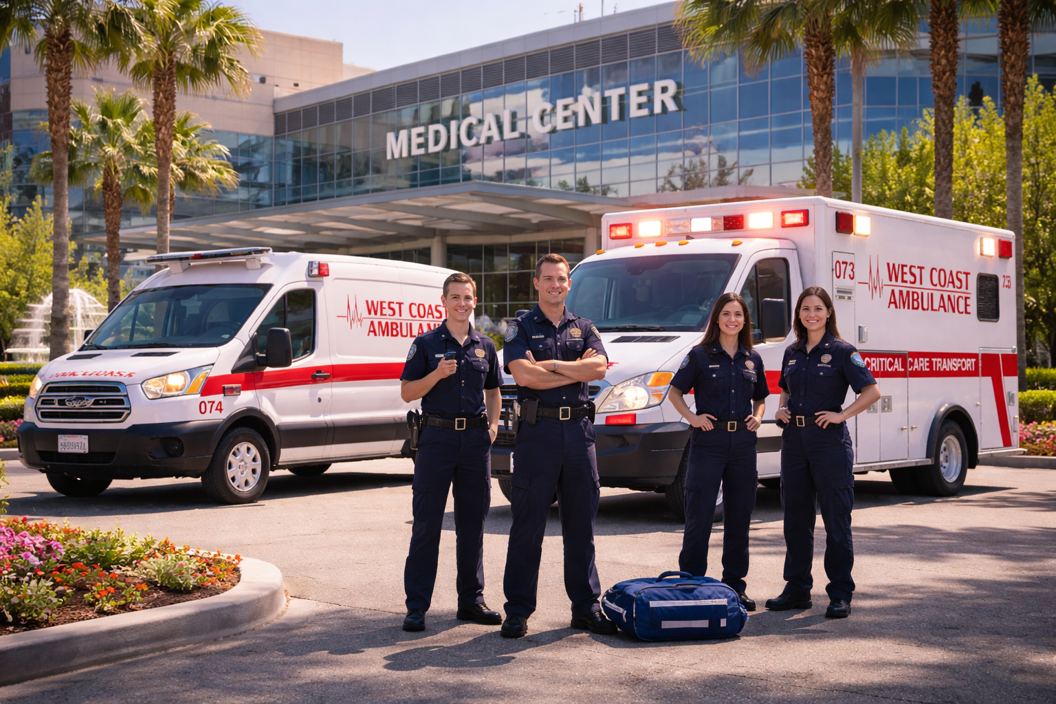 West Coast Ambulance crew standing in front of fleet at Medical Center